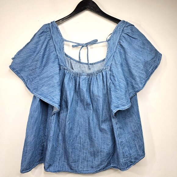 Old Navy Chambray Short Sleeve Flowy Blouse Flutter Sleeves Top - Picture 5 of 8